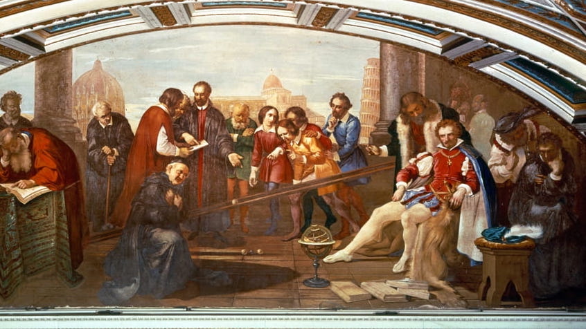 Galileo demonstrating law of gravity in presence of Giovanni de' Medici, 1839 fresco by Giuseppe Bezzuoli