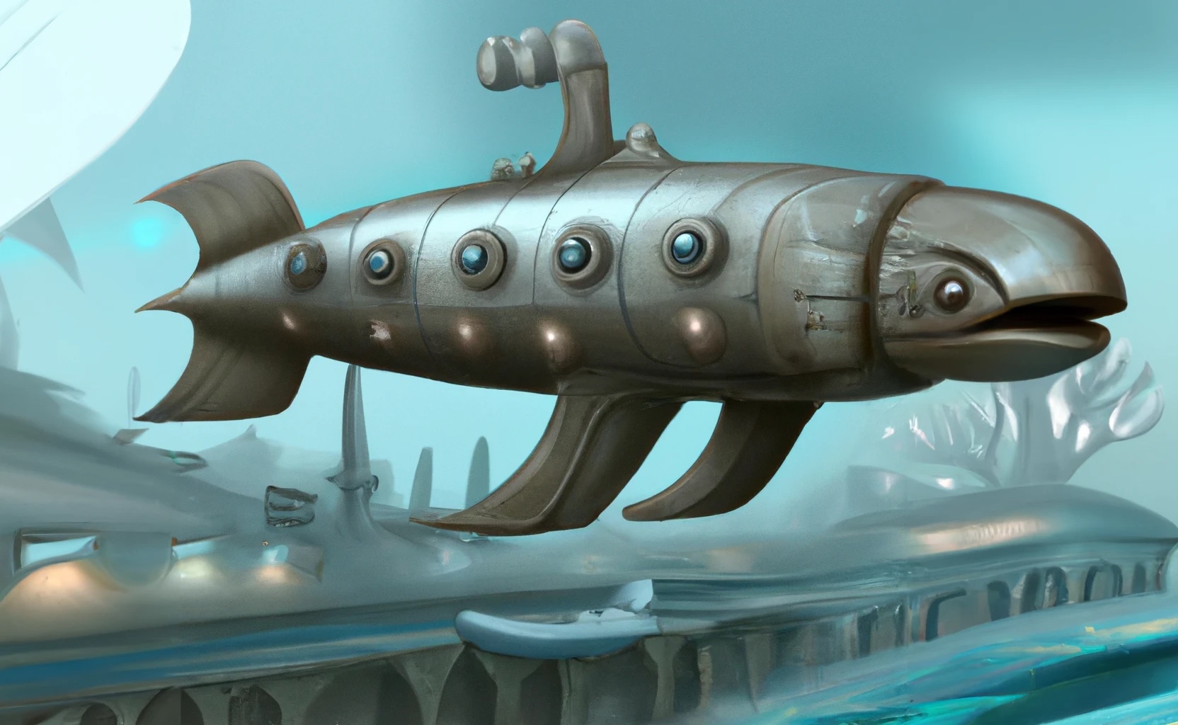 fish submarine chimera with metal body and fins sticking out the side