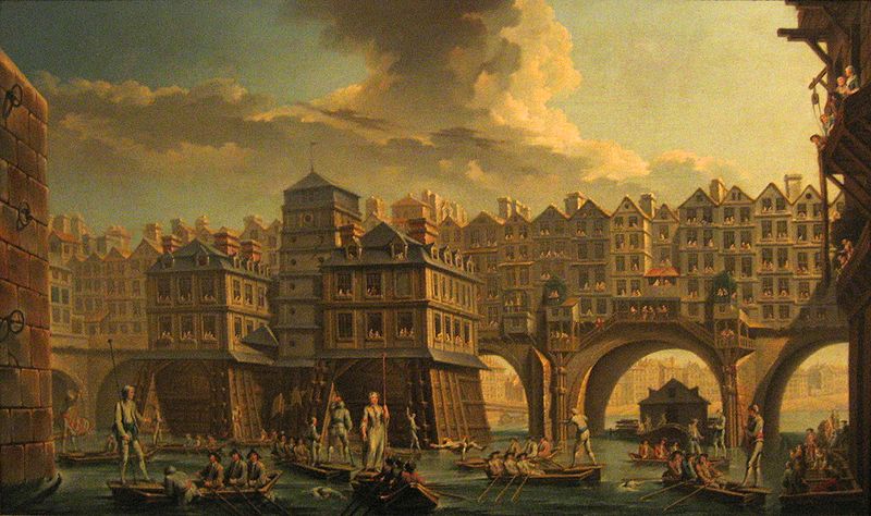 “La joute de mariniers”, by Nicolas-Jean-Baptiste Raguenet, 1756, showing the Pont Notre-Dame