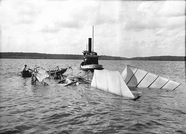 The wreckage of Langley's plane in the Potomac River.