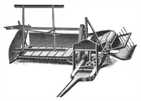 Self-raking reaper. A horizontal conveyor belt moves the grain to the side.
