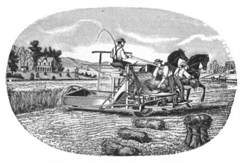 Marsh harvester, 1860. Two men, right, ride along and bind grain.